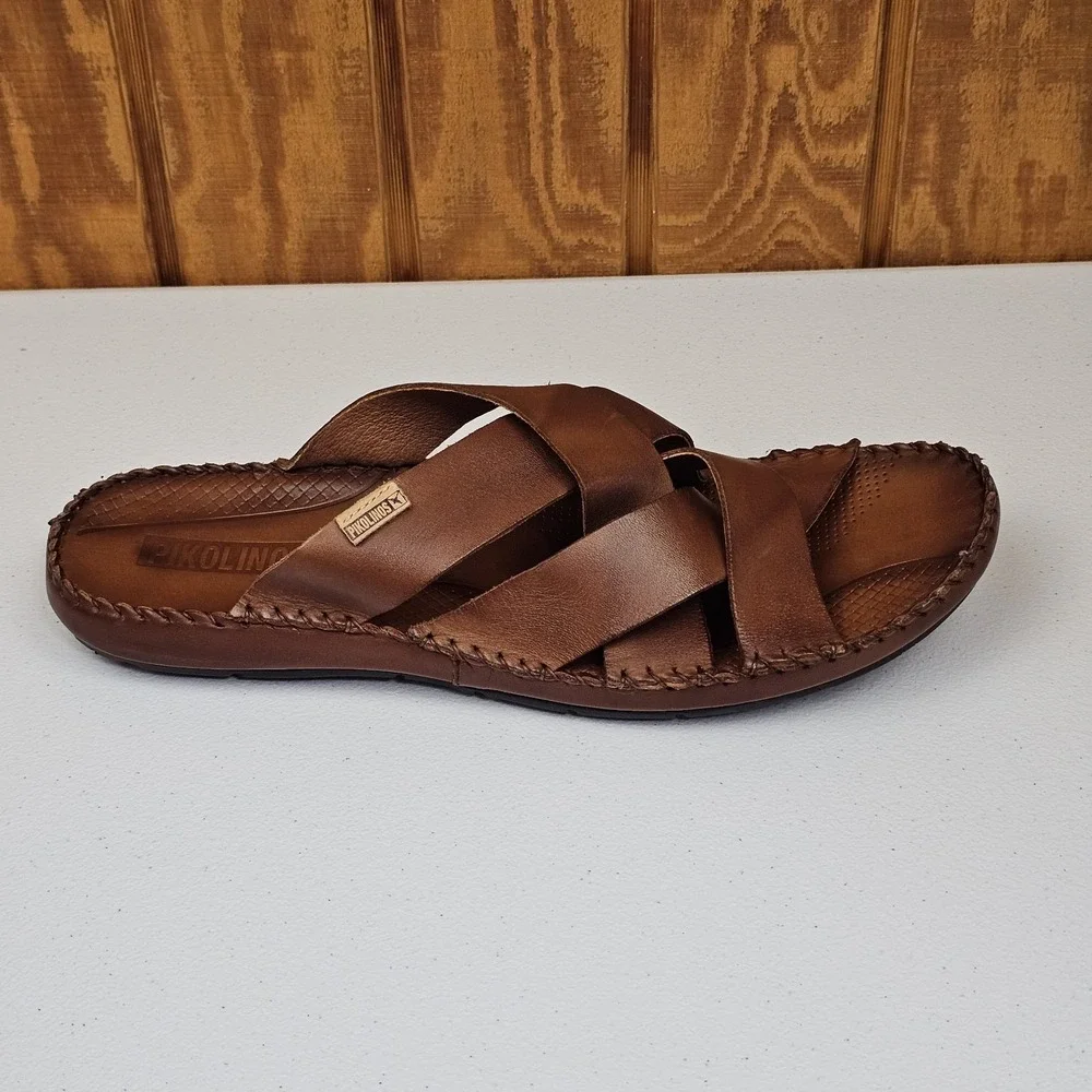 Pikolinos Tarifa Slide Sandals Men Sz 46 / 12 Brown Leather Slip On Open Toe NEW